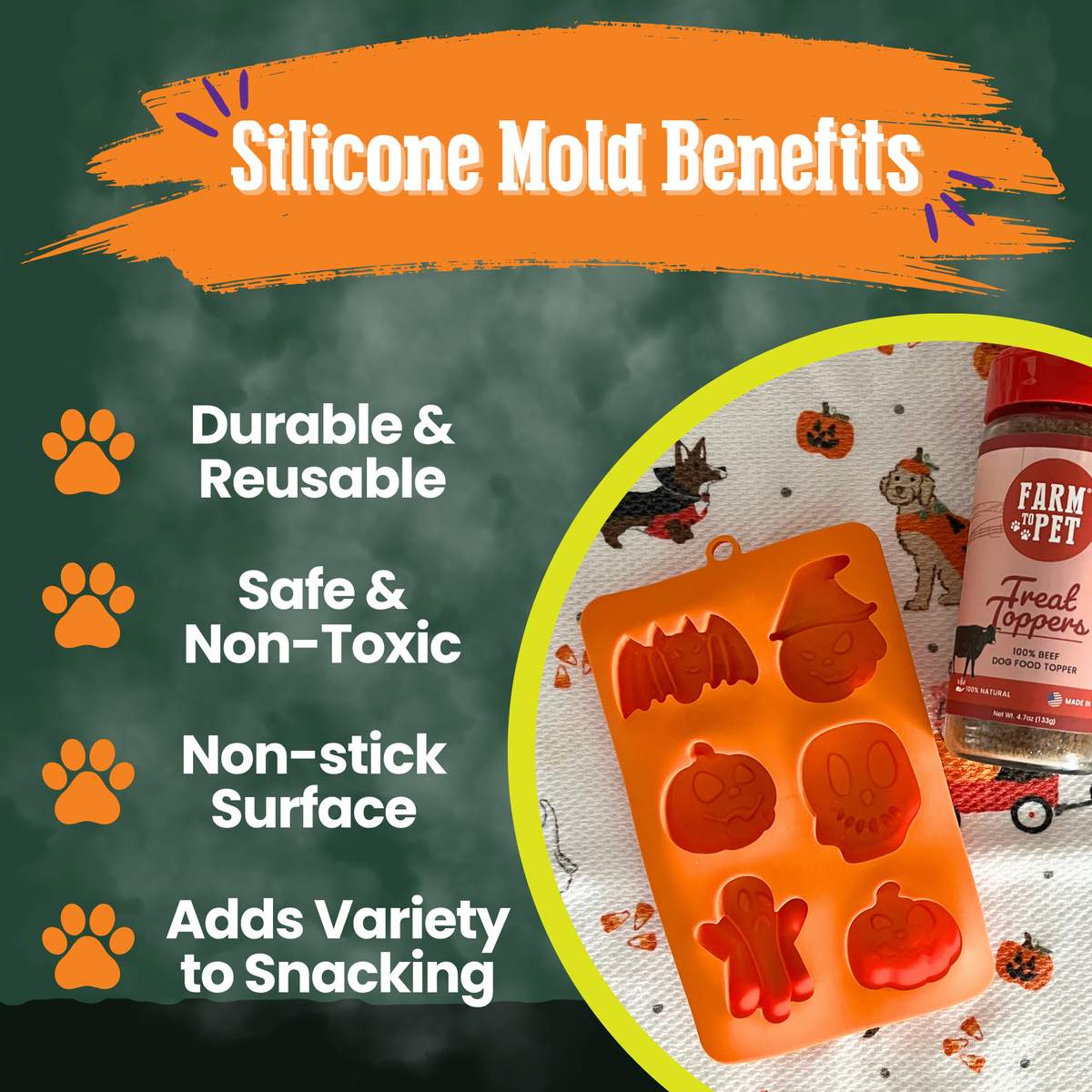 Orange silicone pet treat mold tray with paw, bone, and animal-shaped cavities