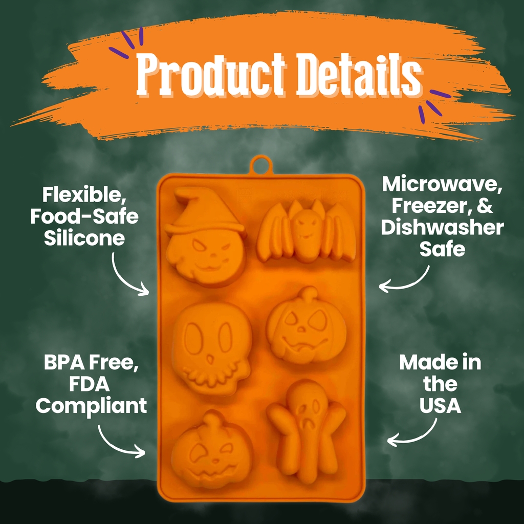 Orange silicone pet treat mold with Halloween-style animal and pumpkin-shaped cavities
