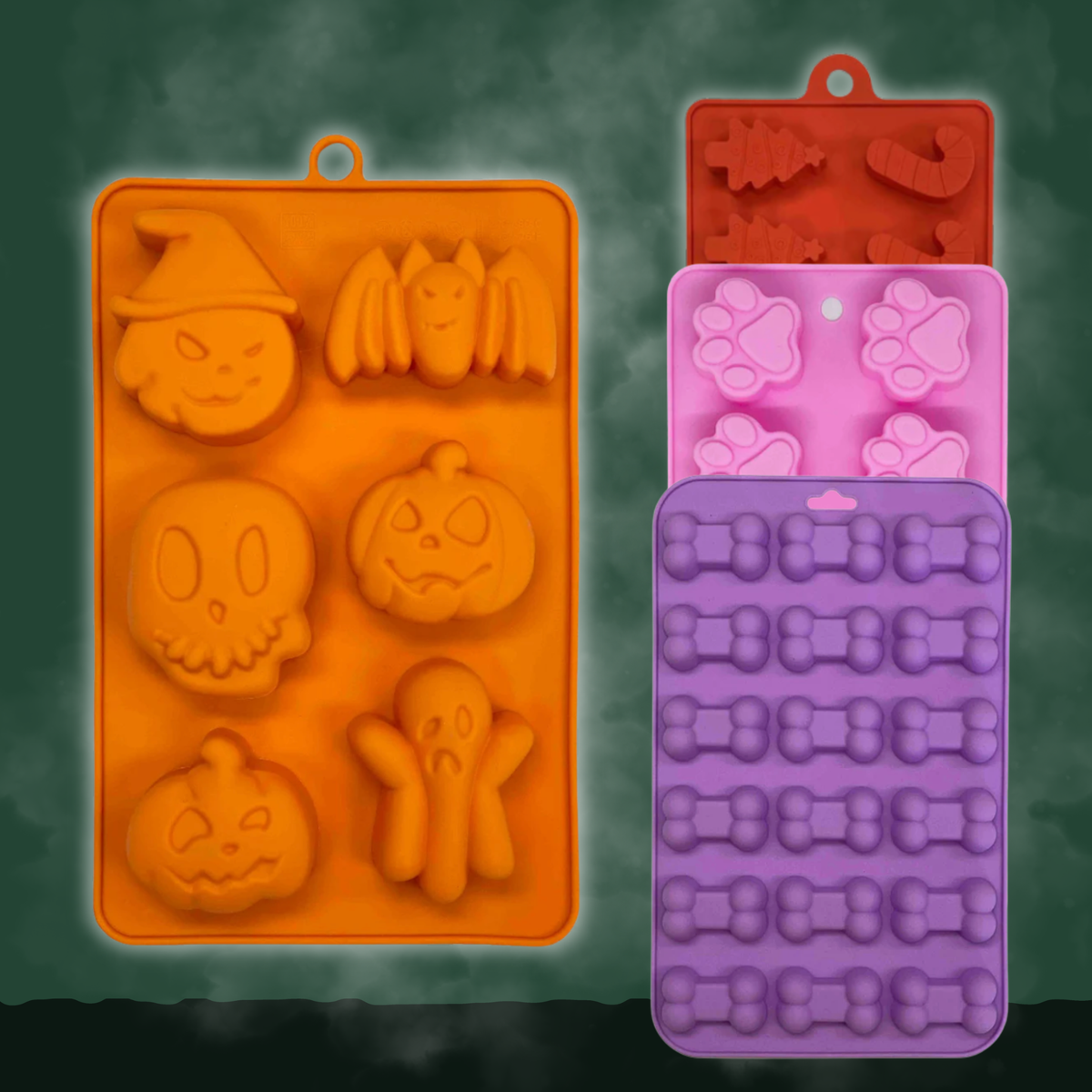 Orange silicone pet treat mold with Halloween character shapes and paw-tack holes
