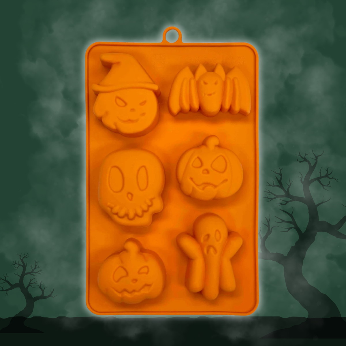 Orange silicone pet treat mold with six Halloween faces and animal shapes
