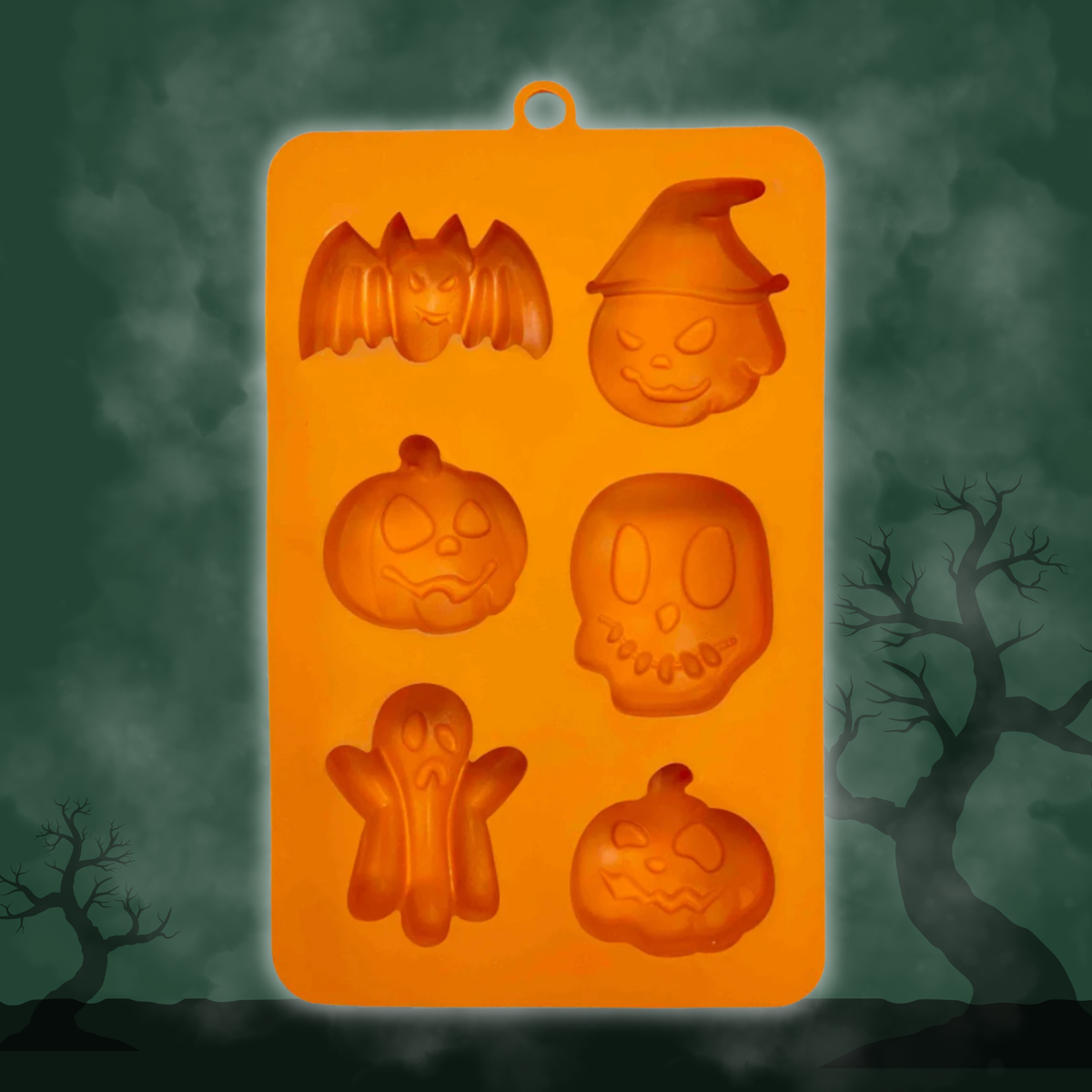 Orange silicone pet treat mold with six Halloween character and pumpkin shapes