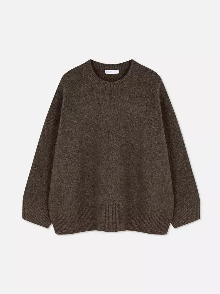 Brown knit sweater with crew neck and long sleeves