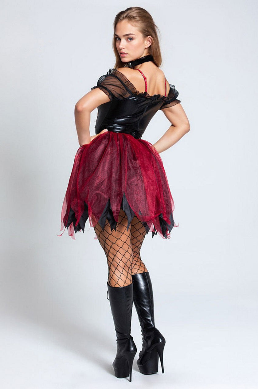 Back view red tulle riding-hood costume with black bodice, fishnet tights, thigh-high boots