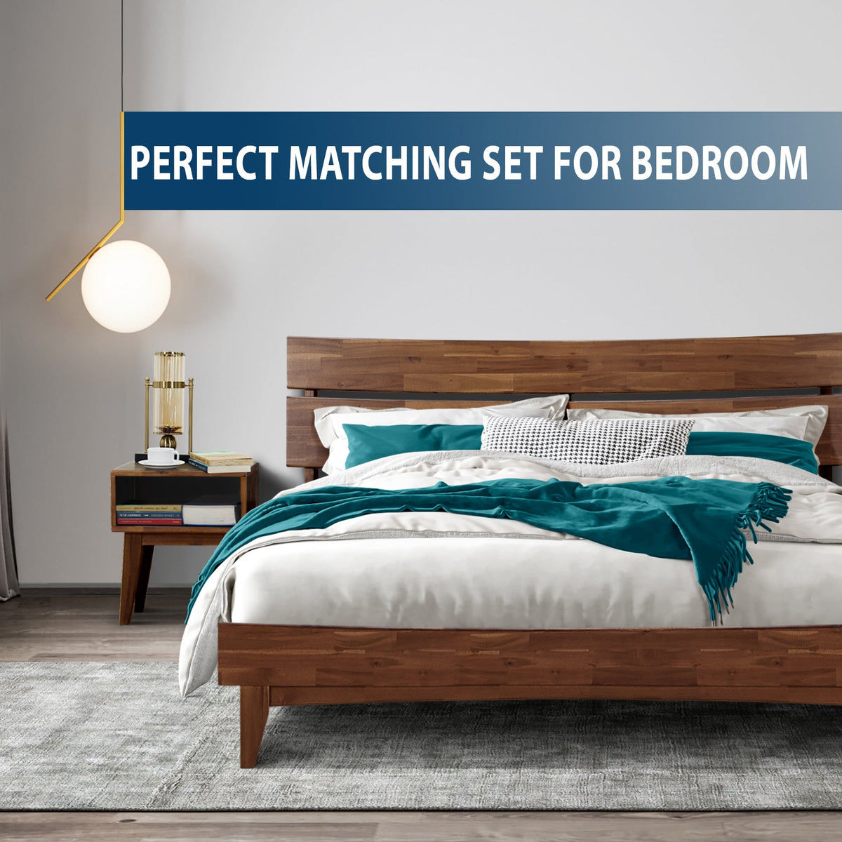 Walnut wood bed frame with slatted headboard and matching nightstand, teal bedding