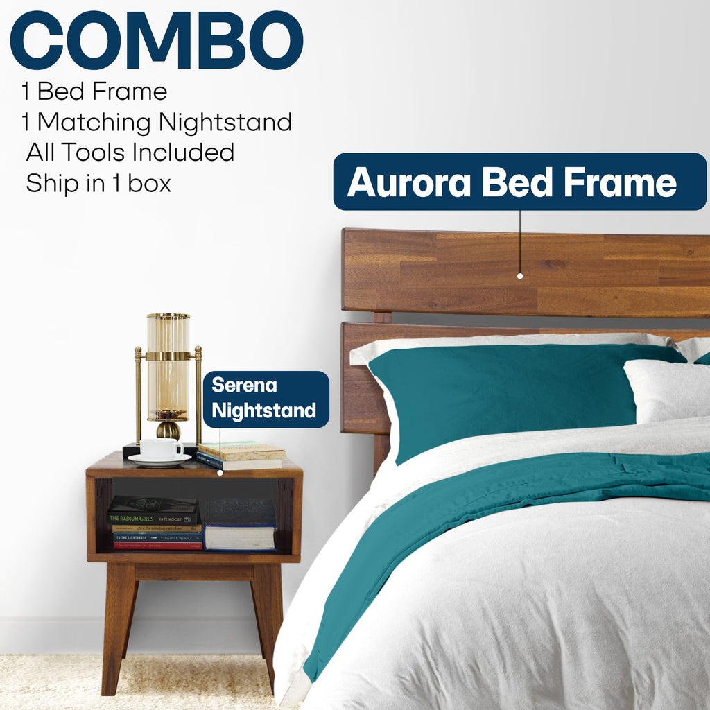 Wood bed frame with matching nightstand beside bed, slatted base
