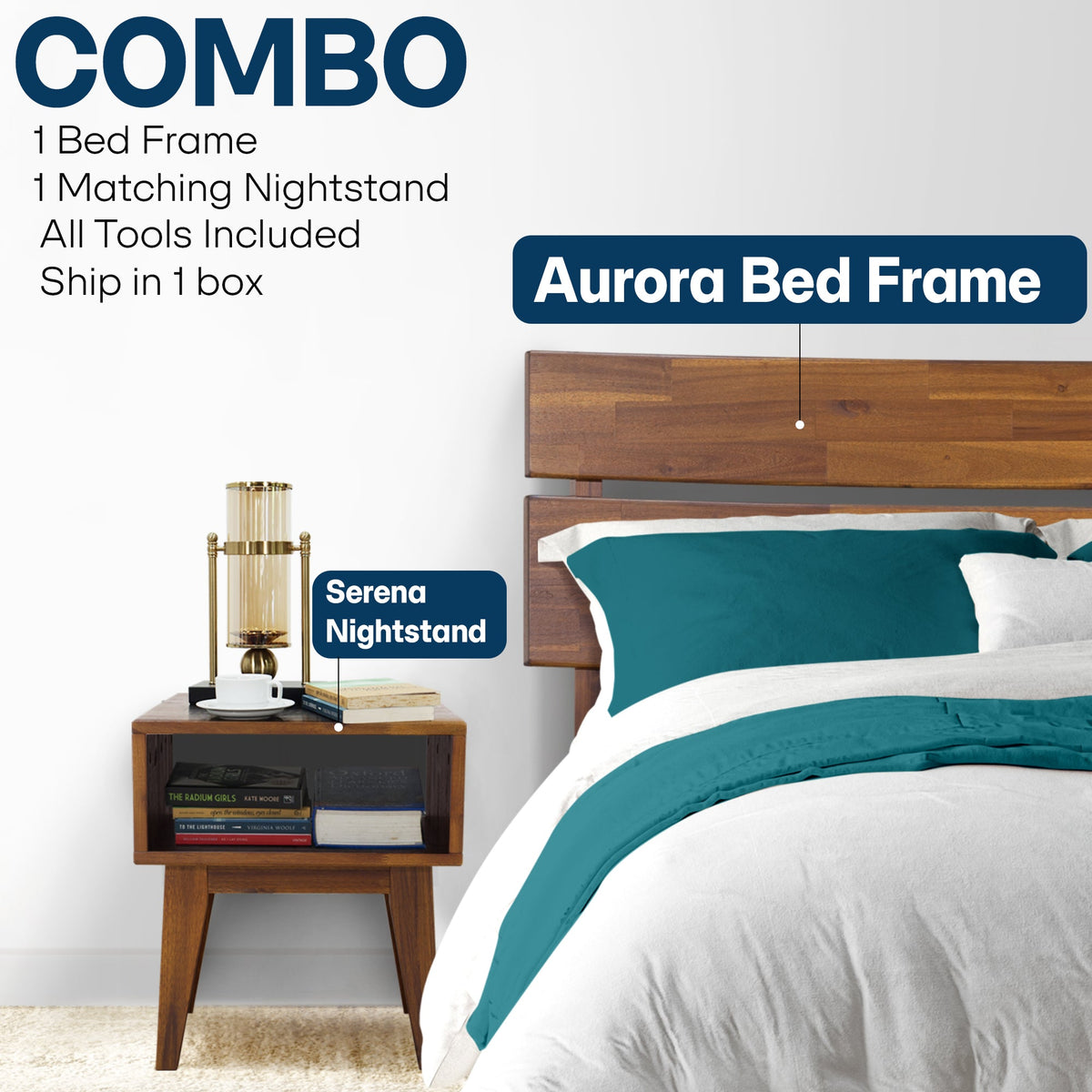 Wood bed frame with matching nightstand beside bed, slatted base