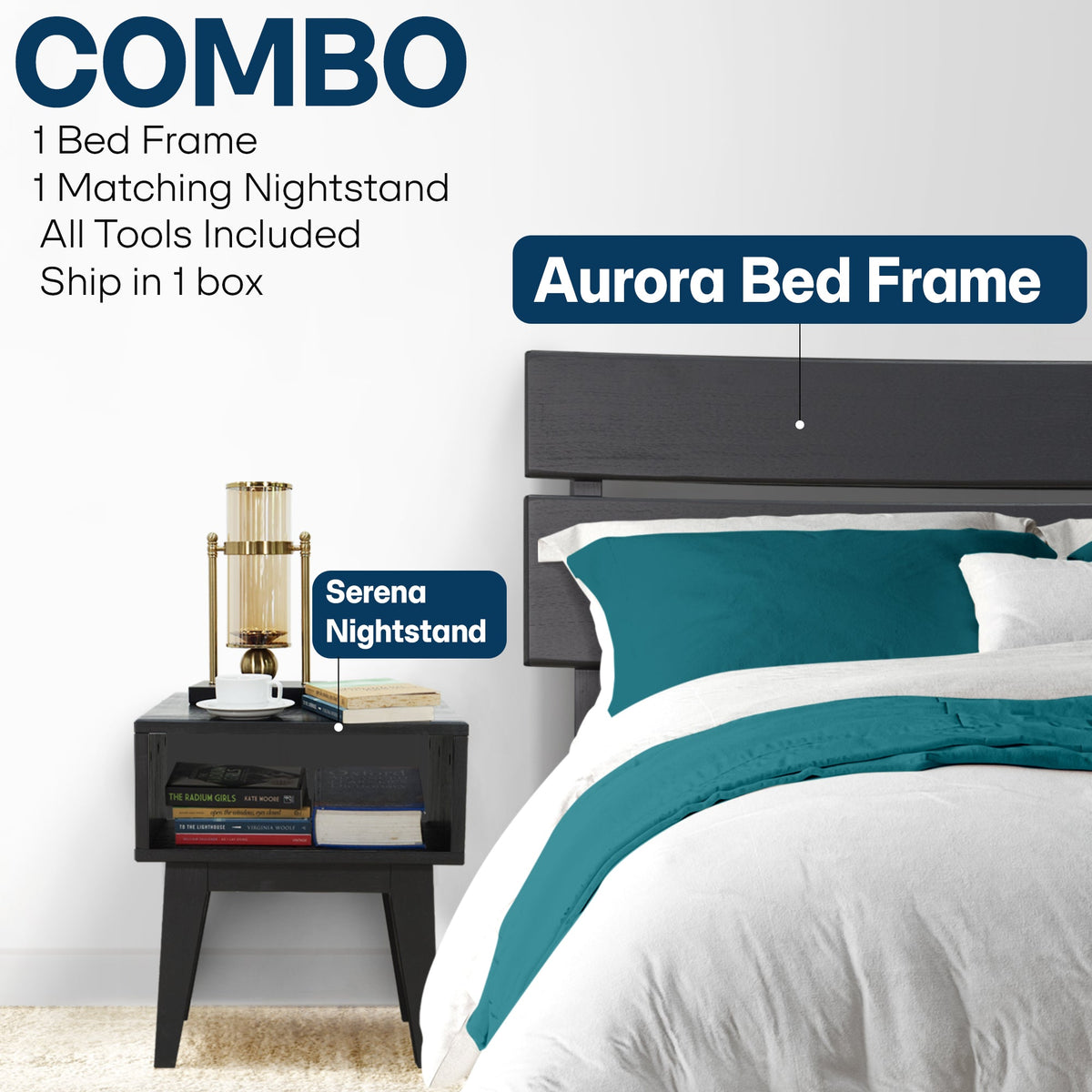 Black solid wood bed frame with matching nightstand beside the bed