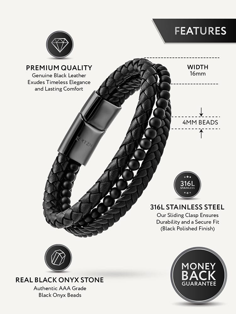 Stacked black leather bracelet with round bead rows and wide metal clasp.