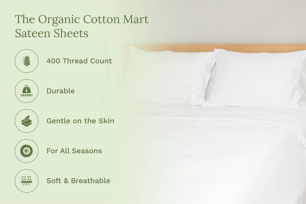 White sateen bed sheet set laid flat on a mattress, pillows visible