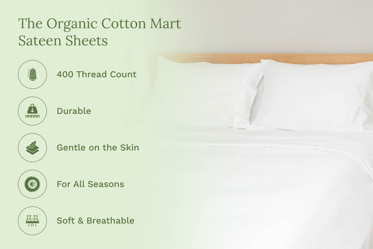 White sateen bed sheet set laid flat on a mattress, pillows visible