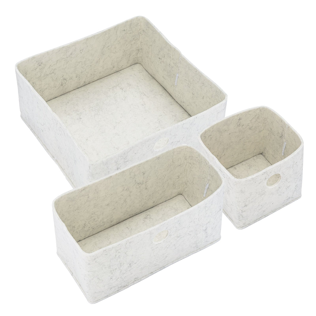 Felt drawer organizer set of three, light beige square bins with open tops and handles