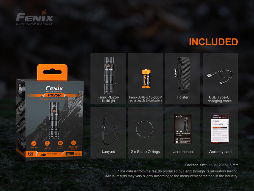 Rechargeable LED flashlight kit with holster, lanyard, USB-C cable, spare O-rings.