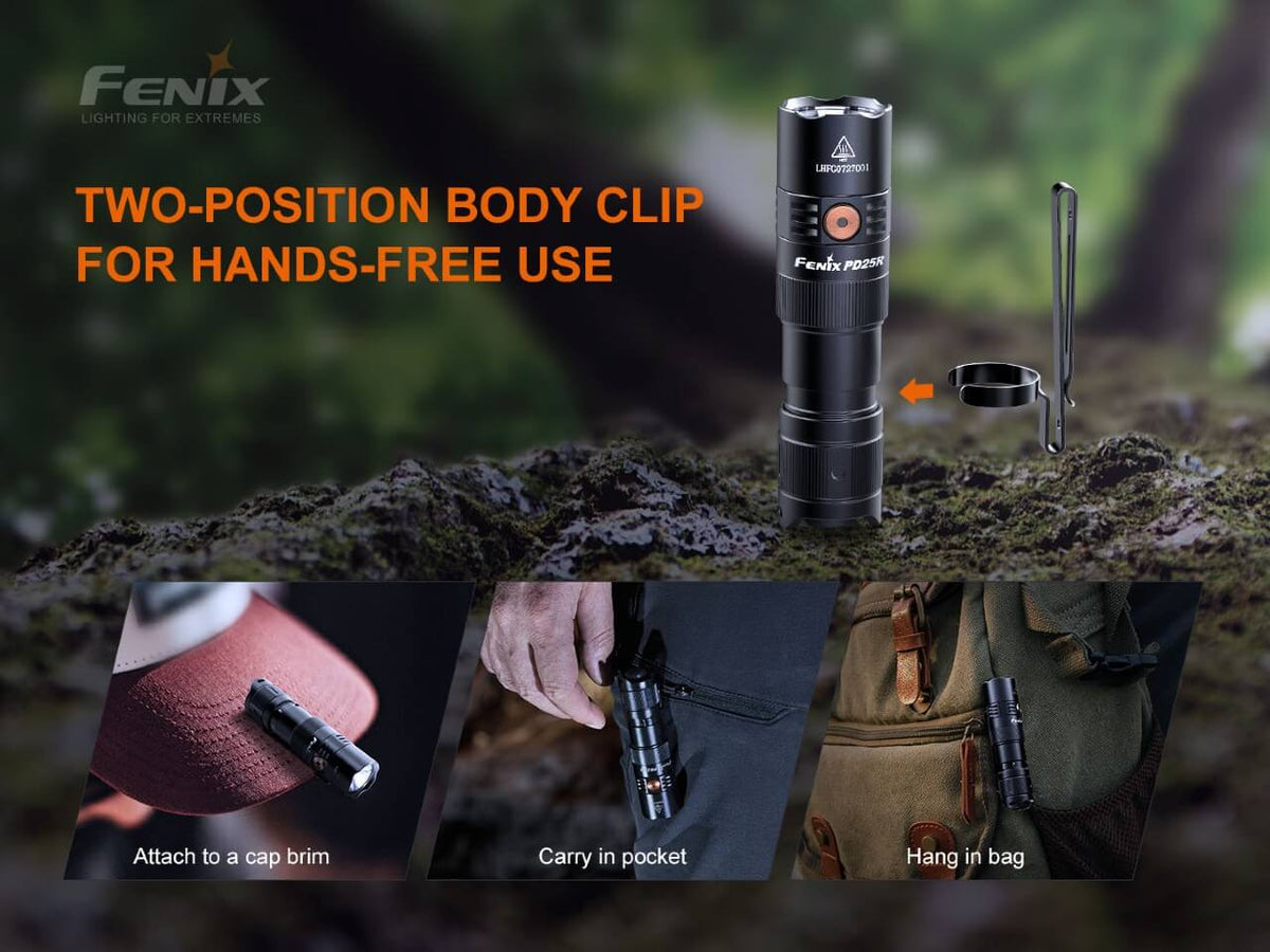 Rechargeable LED flashlight with dual-position body clip for hands-free carry