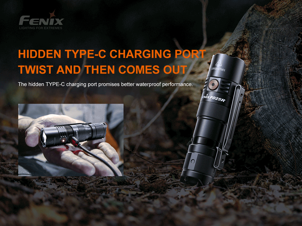 Rechargeable LED flashlight with hidden Type-C charging port revealed