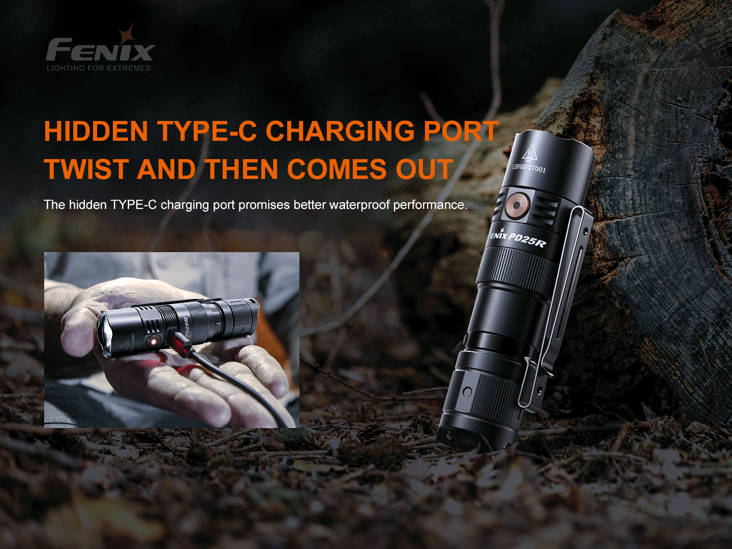 Rechargeable LED flashlight with hidden Type-C charging port revealed