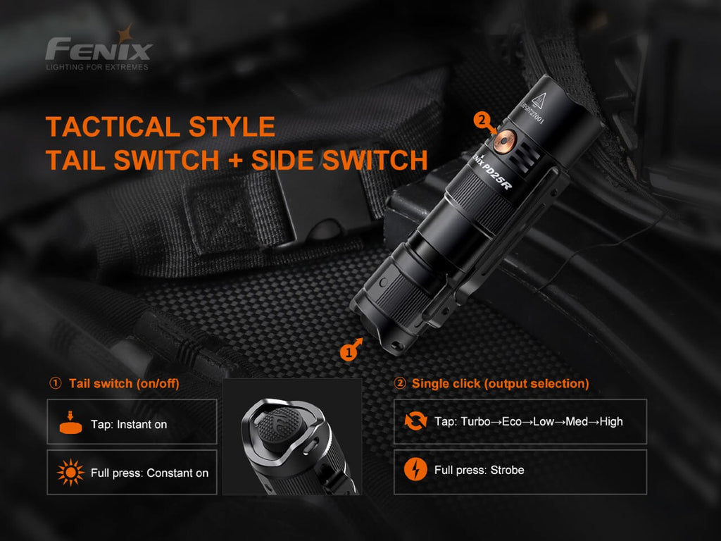 Rechargeable LED flashlight with tail switch and side switch controls