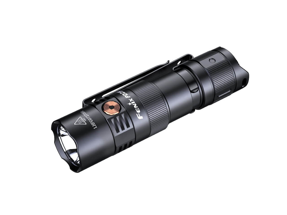 Black rechargeable LED flashlight with side switch and knurled grip