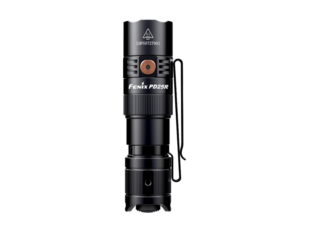 Black rechargeable LED flashlight with orange circular control ring and lanyard loop.