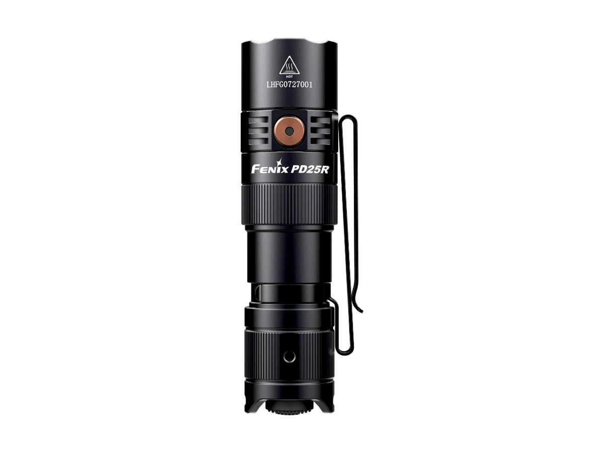 Black rechargeable LED flashlight with orange circular control ring and lanyard loop.