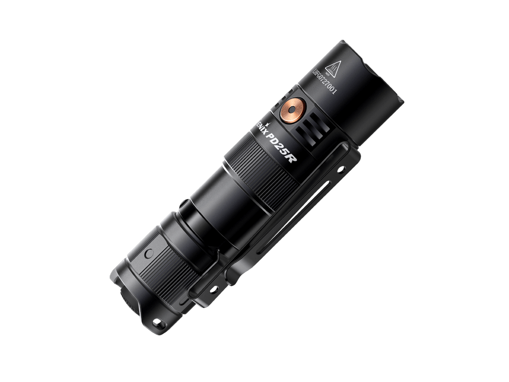 Black rechargeable LED flashlight angled view with side buttons and charging port.