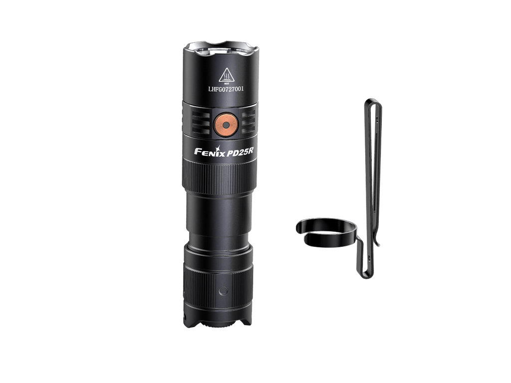Black rechargeable LED flashlight with pocket clip and lanyard strap included.