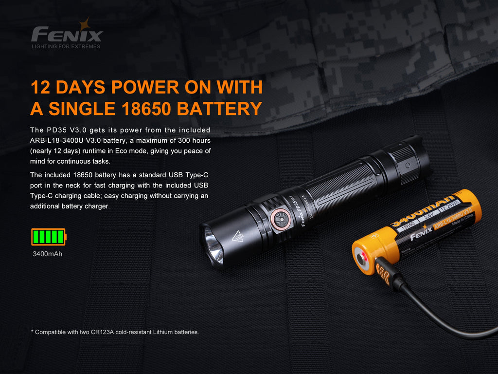 Everyday carry flashlight with included 18650 battery, black body and orange cell