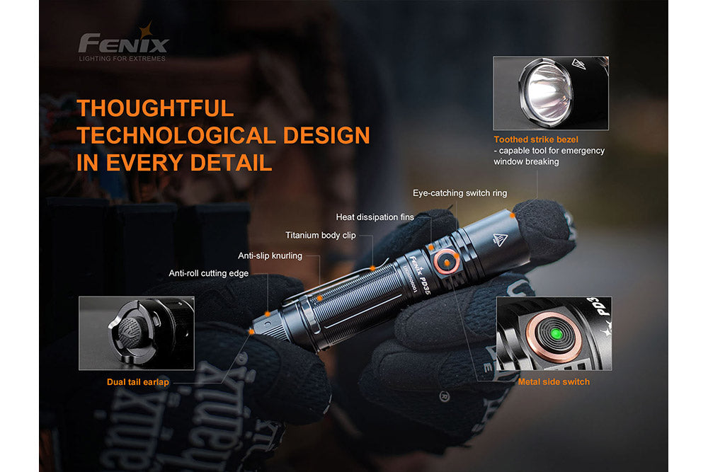 Fenix PD35 V3.0 tactical flashlight, dark body, switch and design details shown