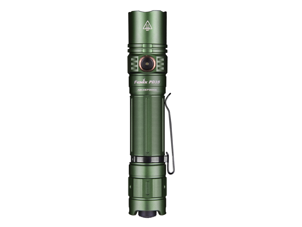 Tropic green EDC flashlight with crenelated bezel and side grip detail