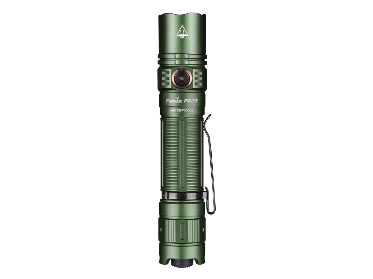 Tropic green EDC flashlight with crenelated bezel and side grip detail