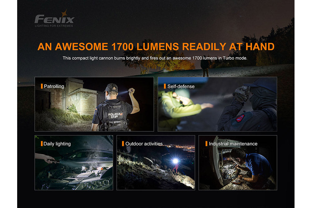 Fenix PD35 V3.0 flashlight with use-case thumbnails and beam spotlighting
