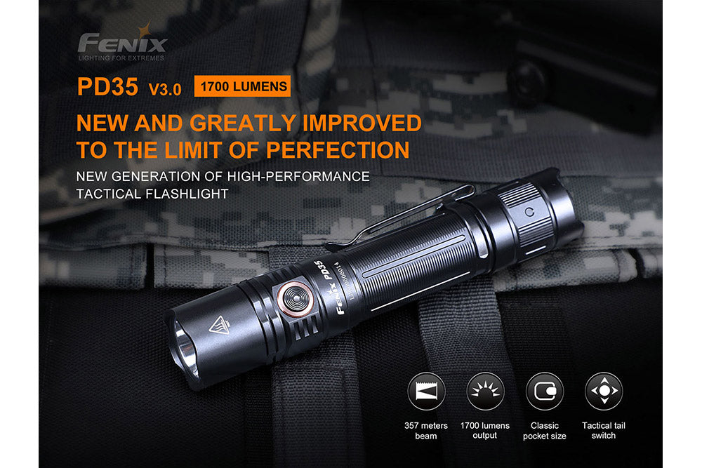 Fenix PD35 V3.0 tactical flashlight, black body on gear fabric surface