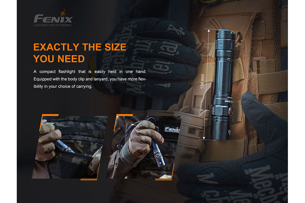Fenix PD35 V3.0 compact flashlight, dark body, size comparison view