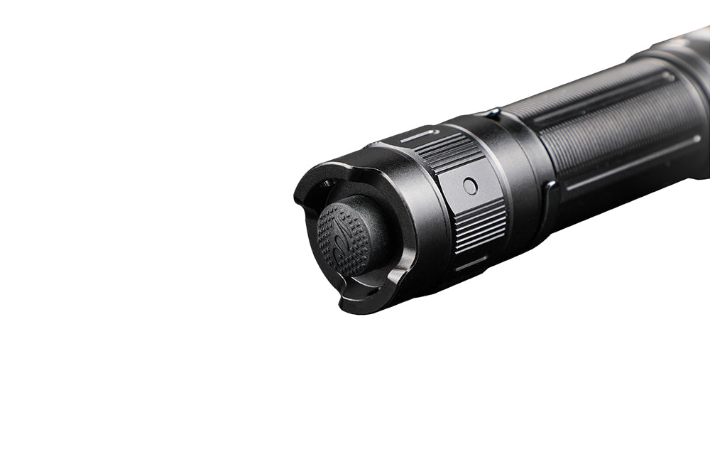 Black EDC flashlight with textured bezel and ribbed grip near head
