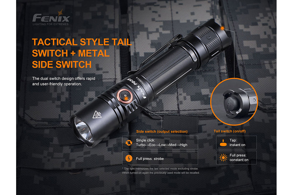 Everyday carry flashlight with side switch and tail controls, black aluminum body