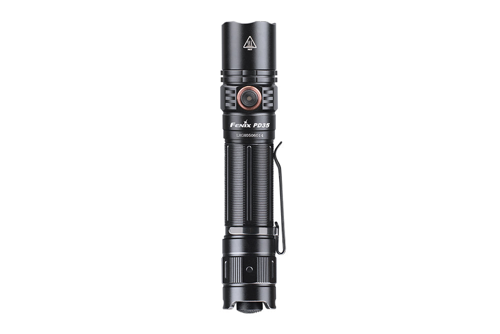Front view of black everyday carry flashlight with lanyard loop and indicator ring