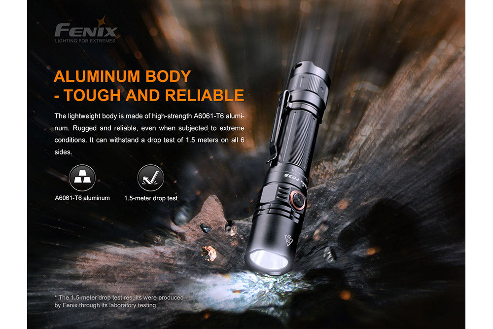 Fenix PD35 V3.0 everyday carry flashlight with bright beam, black metal body