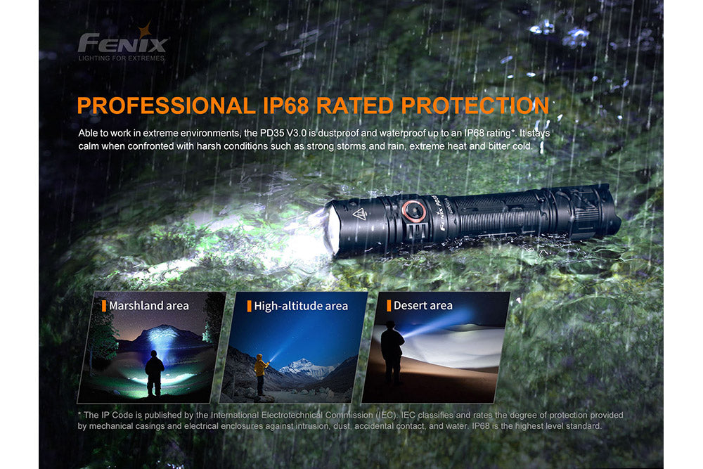 Everyday carry flashlight with IP68 protection, bright beam shown in rainy scene