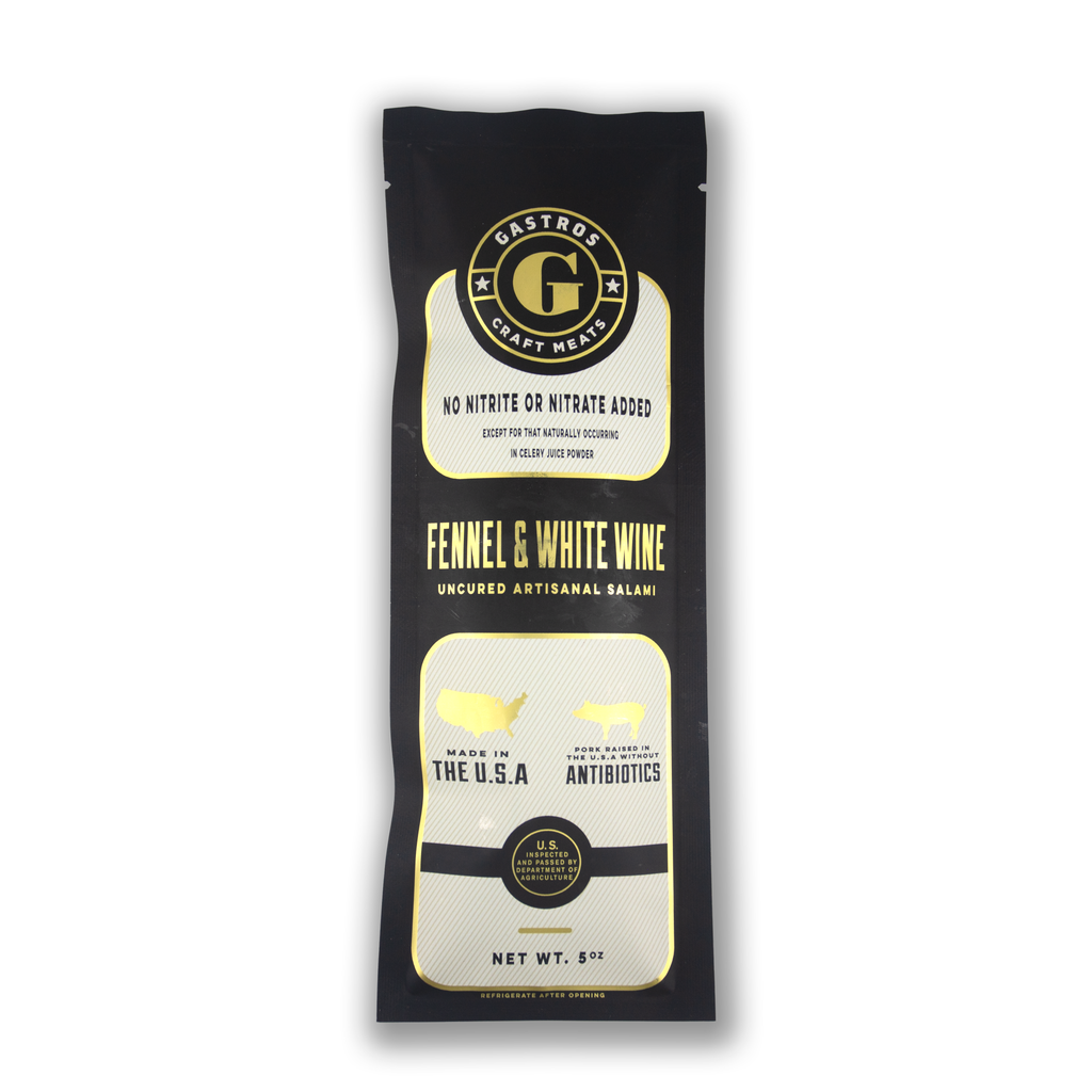 Fennel & white wine salami package, black pouch with gold seal and front label