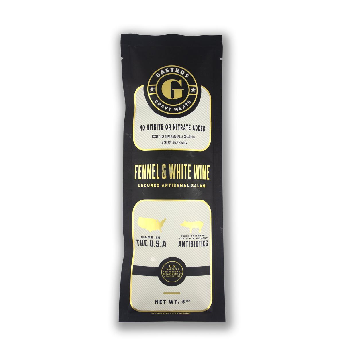 Fennel & white wine salami package, black pouch with gold seal and front label