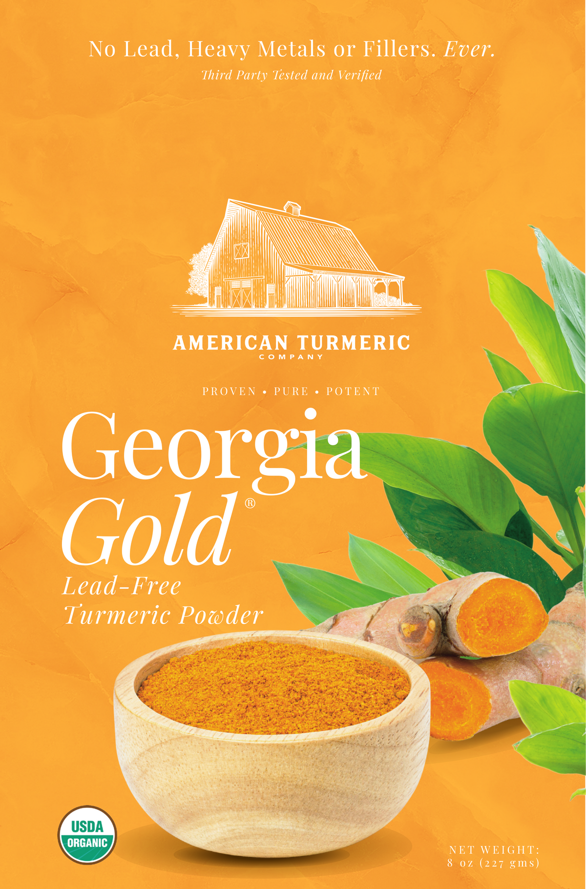 Turmeric powder bag labeled lead-free with turmeric root and green leaves