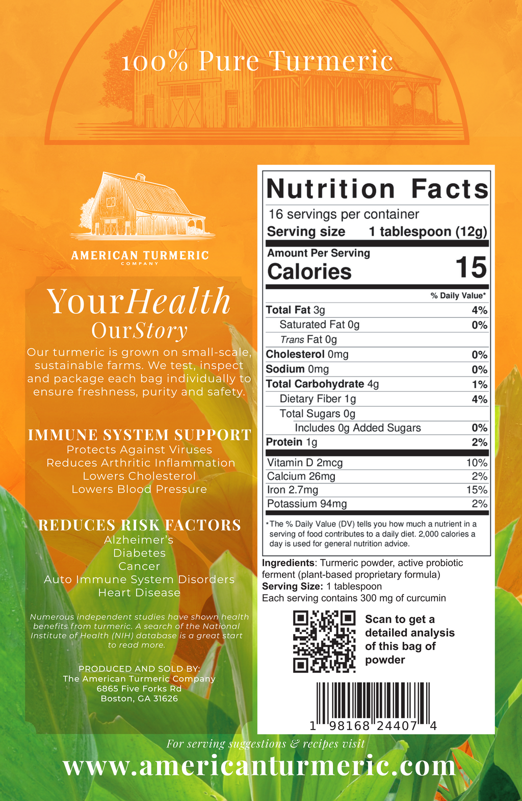 Turmeric powder pouch back with Nutrition Facts panel and QR code.