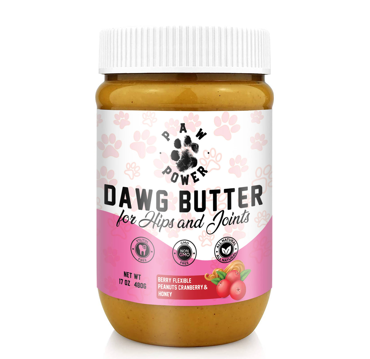 Dog supplement jar with white cap and berry flexible label, amber honey contents