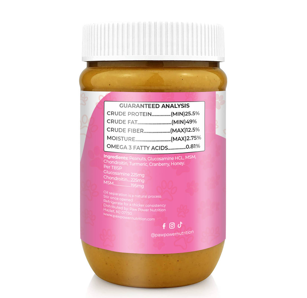 Dog supplement jar back label with white cap, amber honey-colored contents