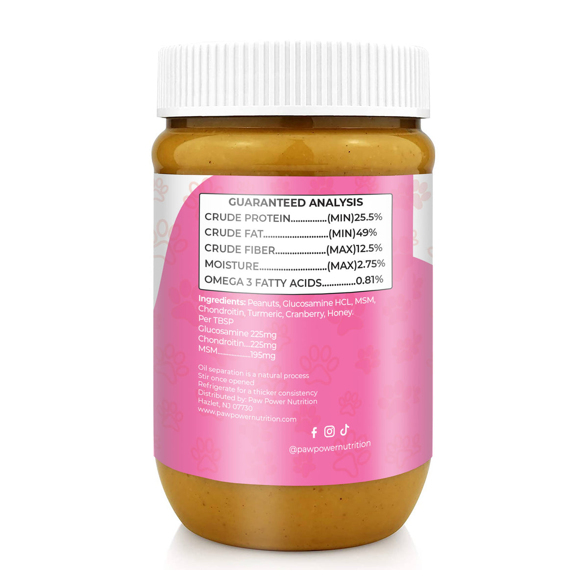 Dog supplement jar back label with white cap, amber honey-colored contents