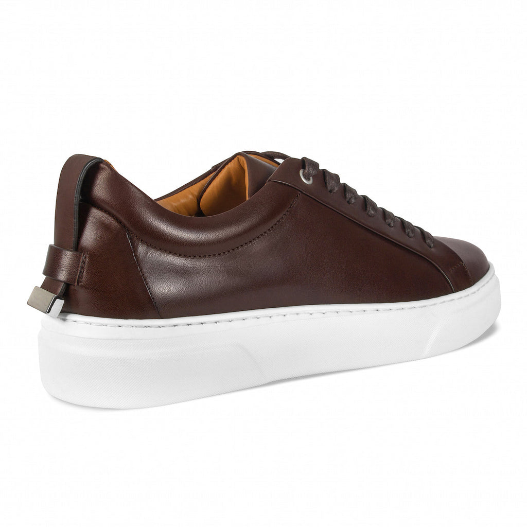 Men's dark brown leather sneakers with padded collar and white platform sole