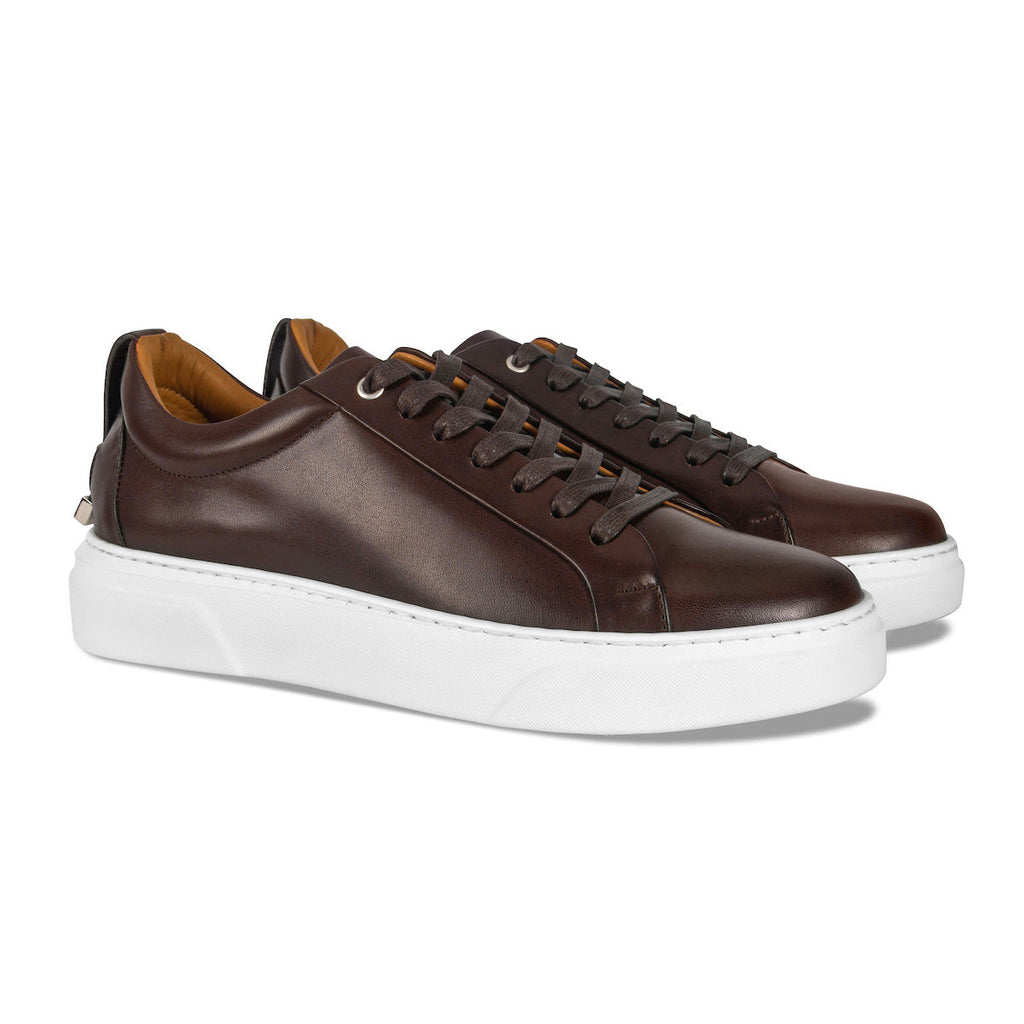 Men's dark brown lace-up leather low-top sneakers, white sole and laces