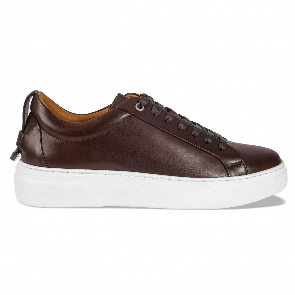 Men's dark brown lace-up leather sneakers with white rubber sole