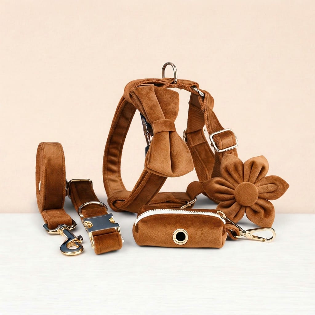 Brown velvet dog harness, collar, leash, bowtie and small accessory pouch set