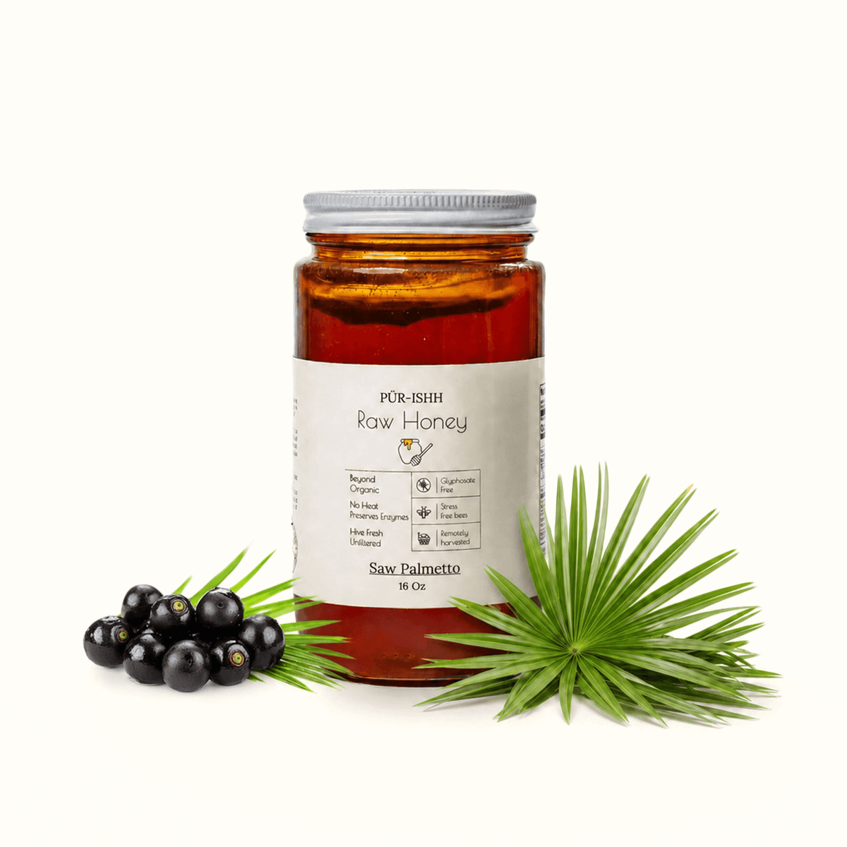 Saw palmetto raw honey jar with berries and palm fronds, 16 oz