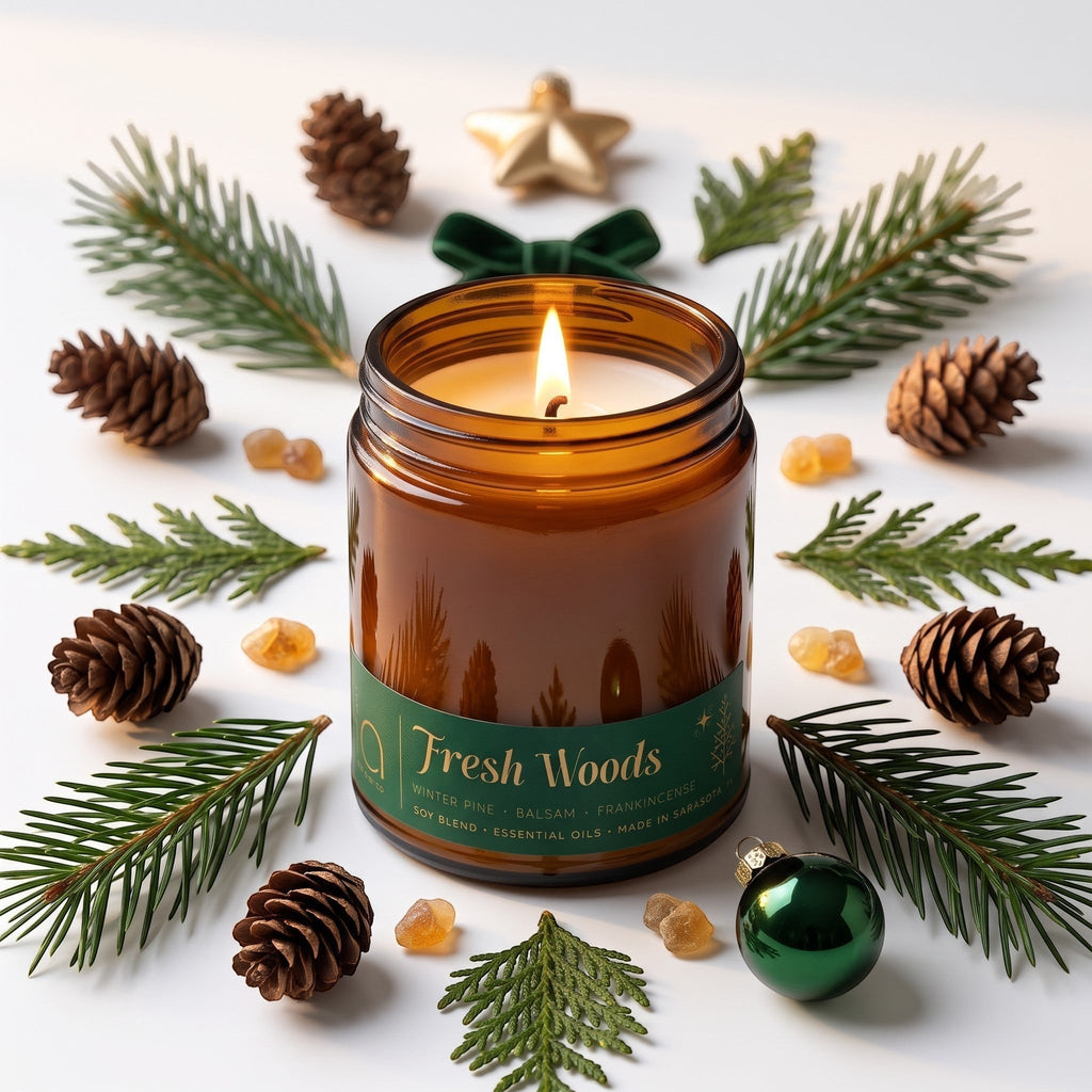 Lit Fresh Woods amber candle jar surrounded by pine branches and pinecones